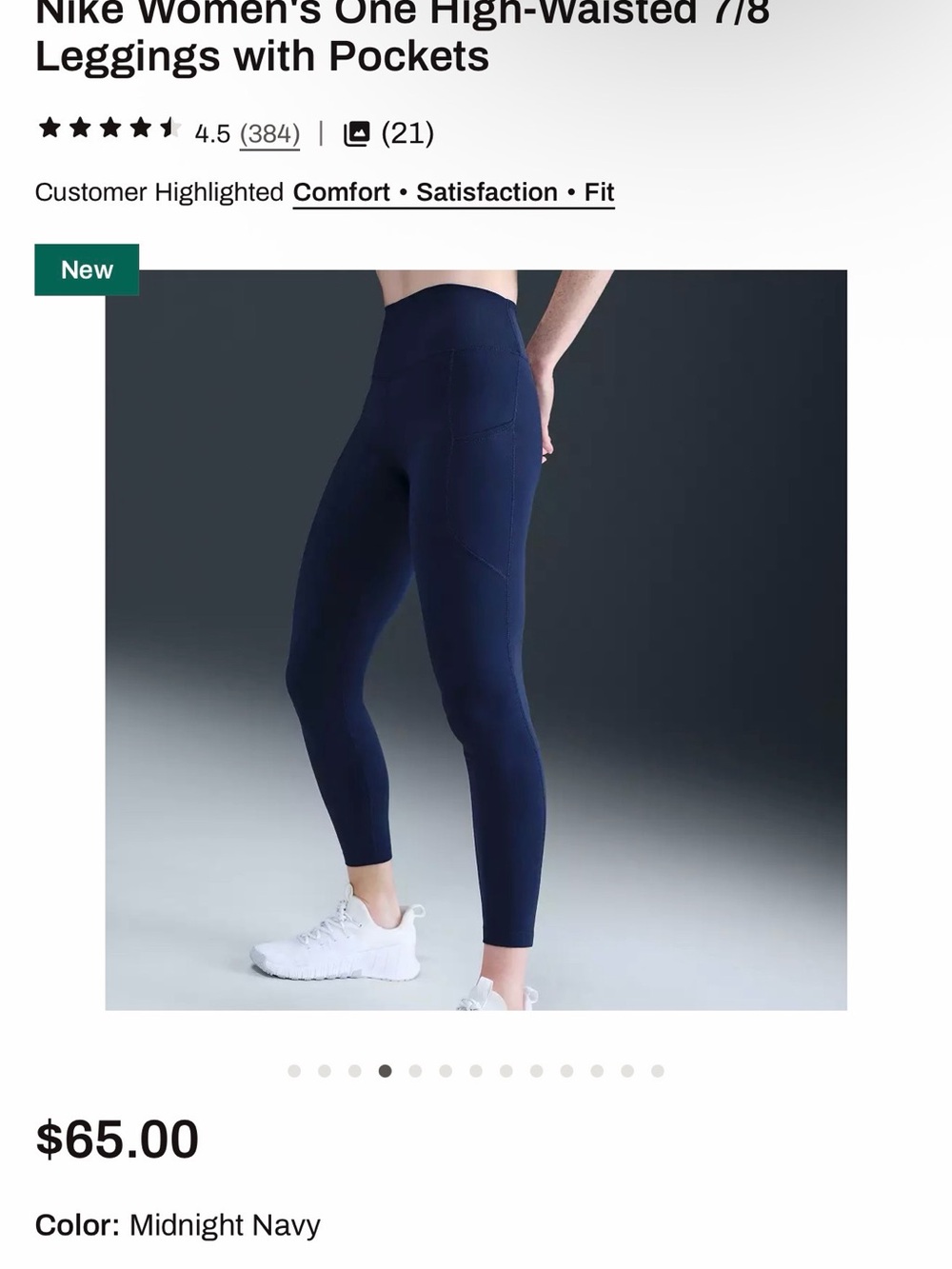 Nike Midnight Navy High-Waisted 7/8 Leggings with Side Pockets
